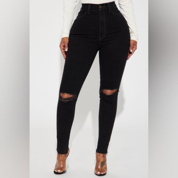 3/$20 Fashion Nova Ripped Knee Skinny Jeans High Waist Black Distressed Denim - Picture 2 of 16